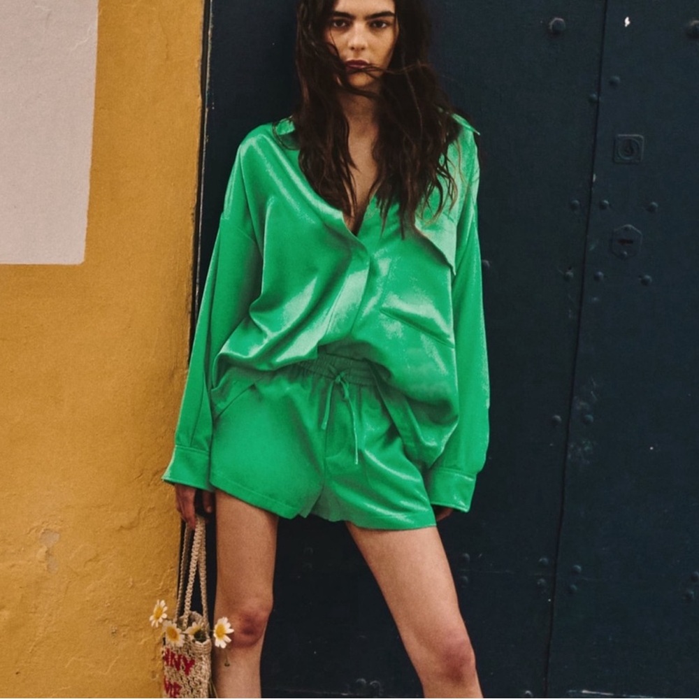 Zara Green High Waist Shorts with Silky Finish